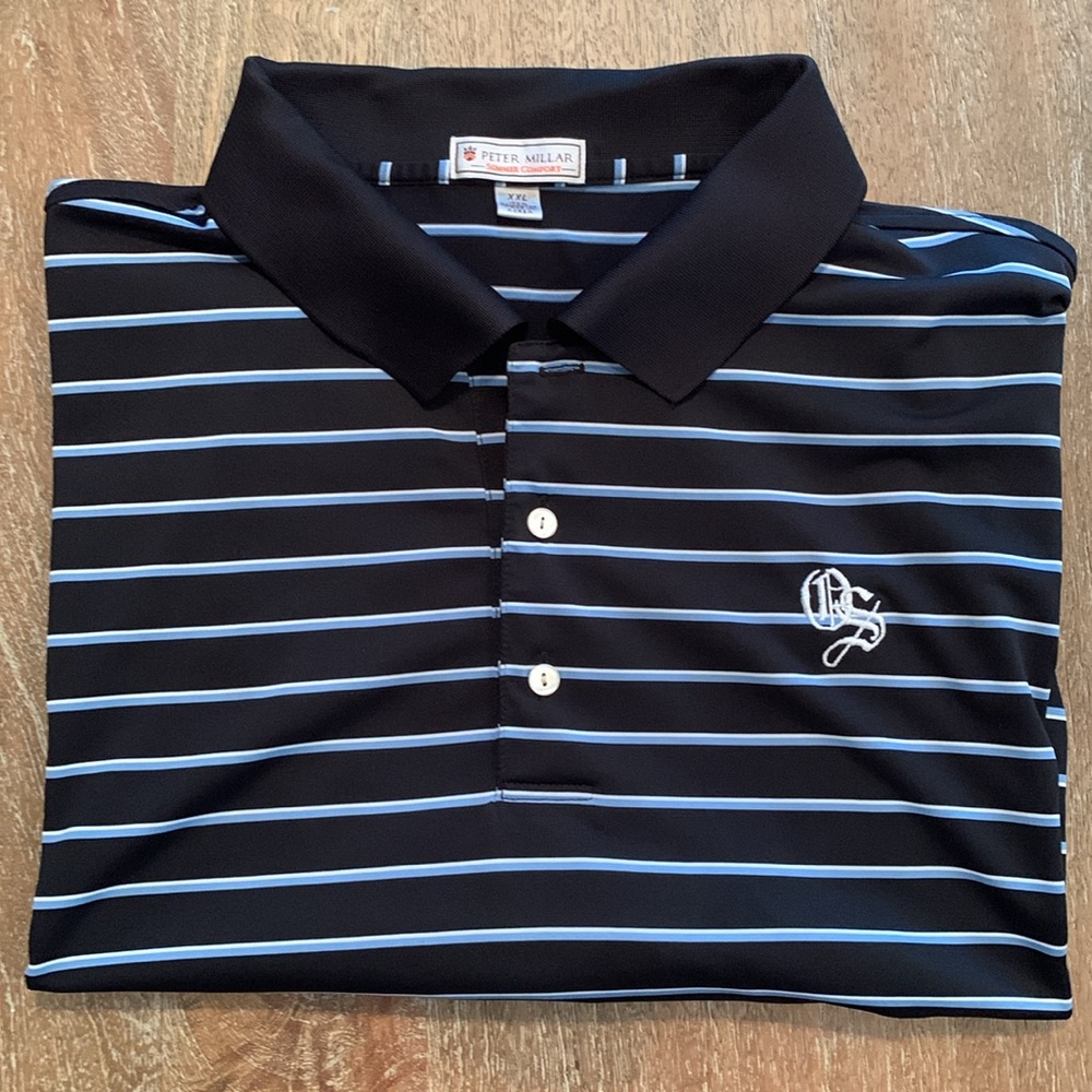 Peter Millar XXL Summer Comfort Polo in Black with Light Blue and White Stripes